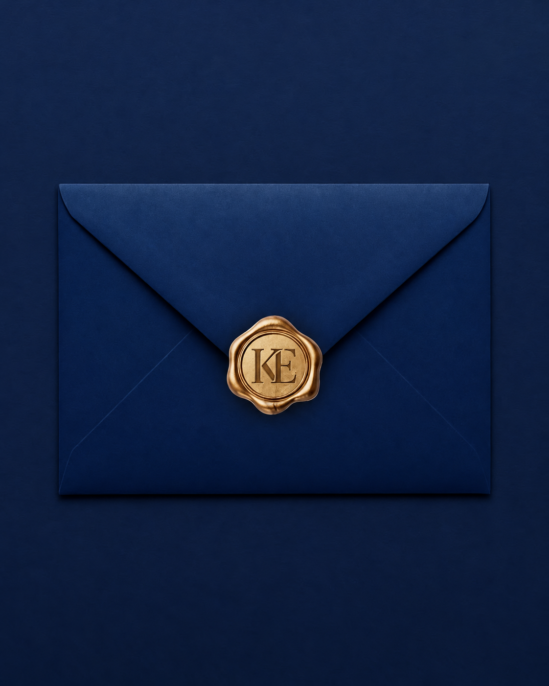 A navy envelope with a gold seal